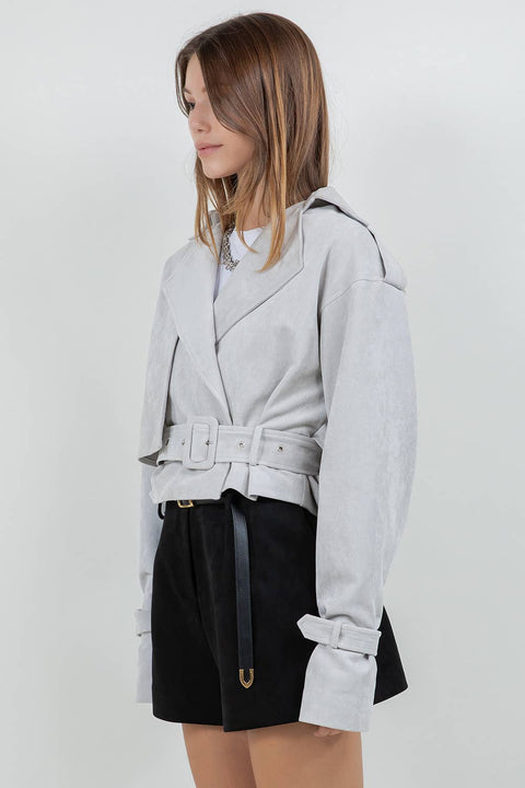 SUEDE MOTO JACKET WITH ADJUSTABLE SELF BELT: DK BROWN