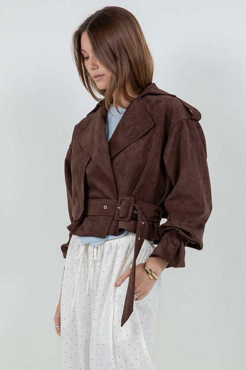 SUEDE MOTO JACKET WITH ADJUSTABLE SELF BELT: DK BROWN