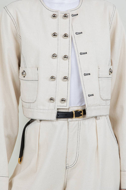 COTTON WASHED CROPPED JACKET WITH ACCENT BUTTONS - OATMEAL