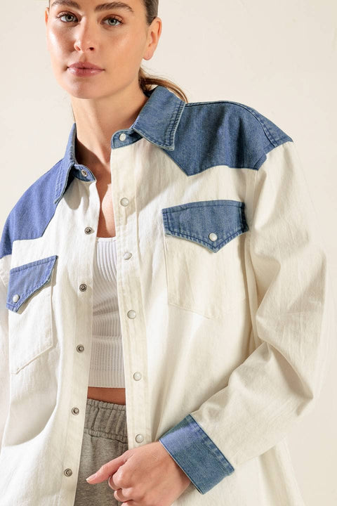 A solid woven and denim shirt - FT1318: WHITE DENIM BLUE / Contemporary / S