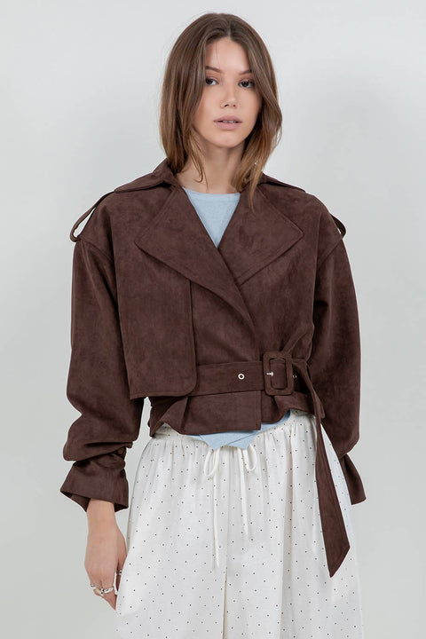 SUEDE MOTO JACKET WITH ADJUSTABLE SELF BELT: DK BROWN