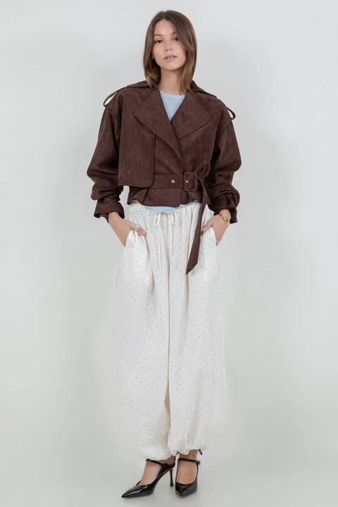 SUEDE MOTO JACKET WITH ADJUSTABLE SELF BELT: DK BROWN