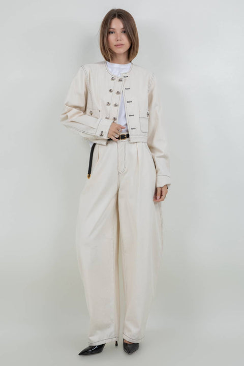 COTTON WASHED CROPPED JACKET WITH ACCENT BUTTONS - OATMEAL