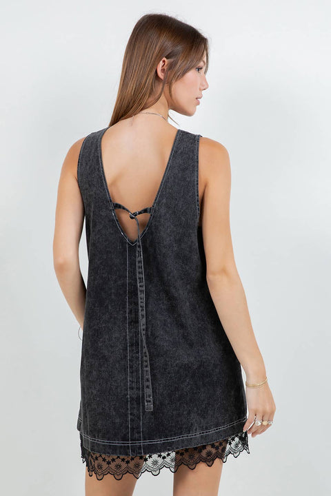 DENIM WASHED CONTRAST LACE INSERT SHIFT DRESS - BLACK: XS