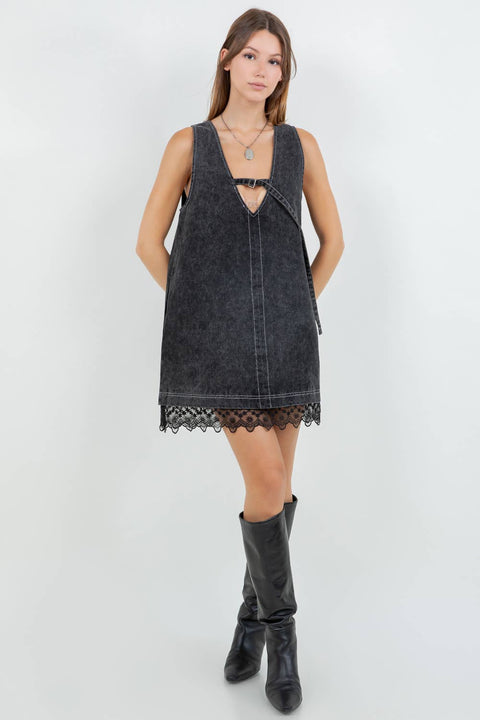 DENIM WASHED CONTRAST LACE INSERT SHIFT DRESS - BLACK: XS