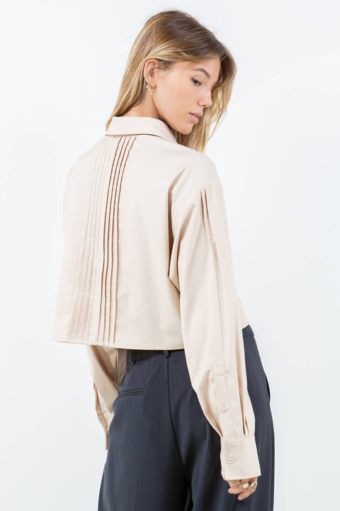 JEWELED COLLAR WITH PINTUCK DETAILS WOVEN SHIRT : Olive / S