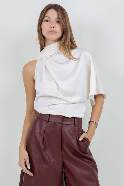 ONE SHOULDER ASYMMETRICAL TOP WITH SELF SCARF - CREAM: CREAM