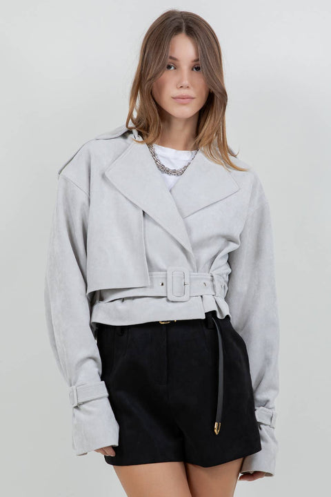 SUEDE MOTO JACKET WITH ADJUSTABLE SELF BELT: DK BROWN