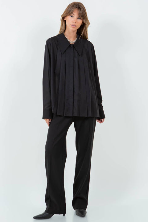 ASYMMETRICAL PLEATING COLLARED SHIRT - BLACK