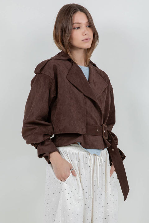 SUEDE MOTO JACKET WITH ADJUSTABLE SELF BELT: DK BROWN