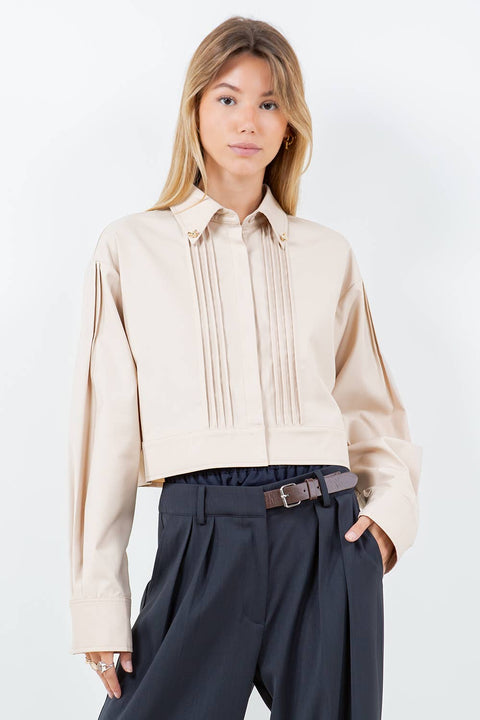 JEWELED COLLAR WITH PINTUCK DETAILS WOVEN SHIRT : Olive / S