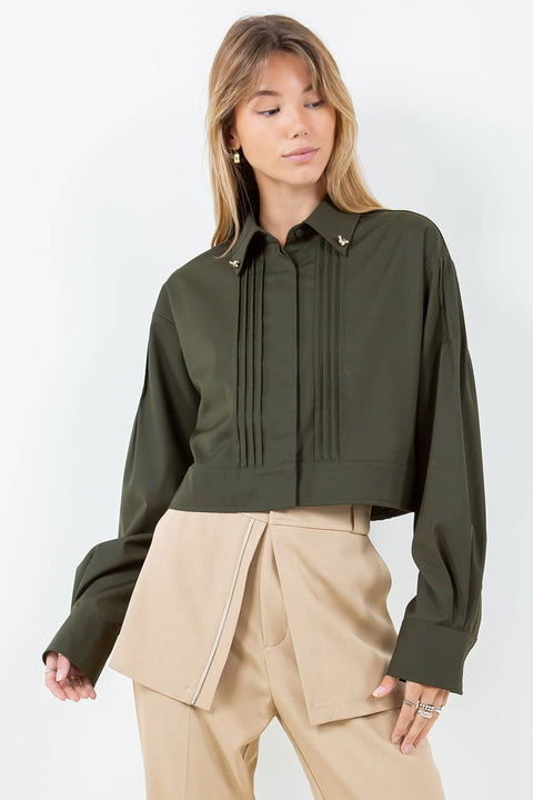 JEWELED COLLAR WITH PINTUCK DETAILS WOVEN SHIRT : Olive / S