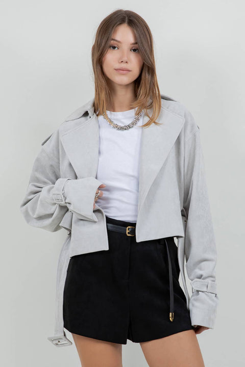 SUEDE MOTO JACKET WITH ADJUSTABLE SELF BELT: DK BROWN