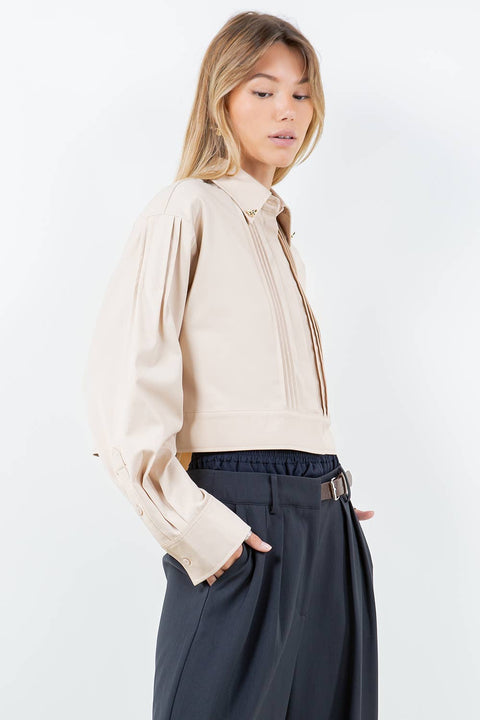 JEWELED COLLAR WITH PINTUCK DETAILS WOVEN SHIRT : Olive / S