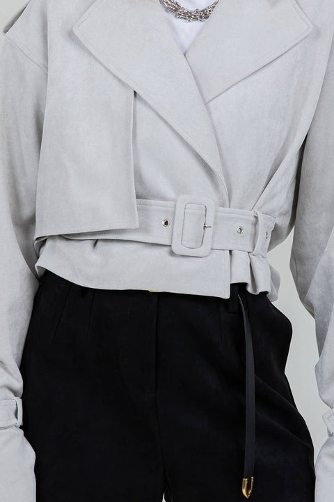 SUEDE MOTO JACKET WITH ADJUSTABLE SELF BELT: DK BROWN