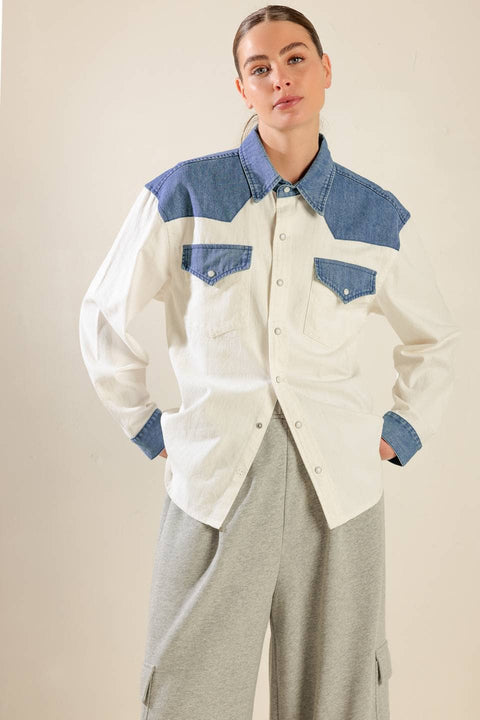 A solid woven and denim shirt - FT1318: WHITE DENIM BLUE / Contemporary / S
