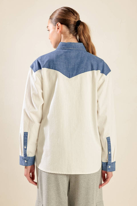 A solid woven and denim shirt - FT1318: WHITE DENIM BLUE / Contemporary / S