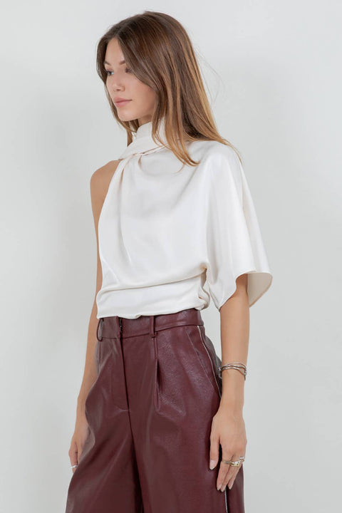 ONE SHOULDER ASYMMETRICAL TOP WITH SELF SCARF - CREAM: CREAM