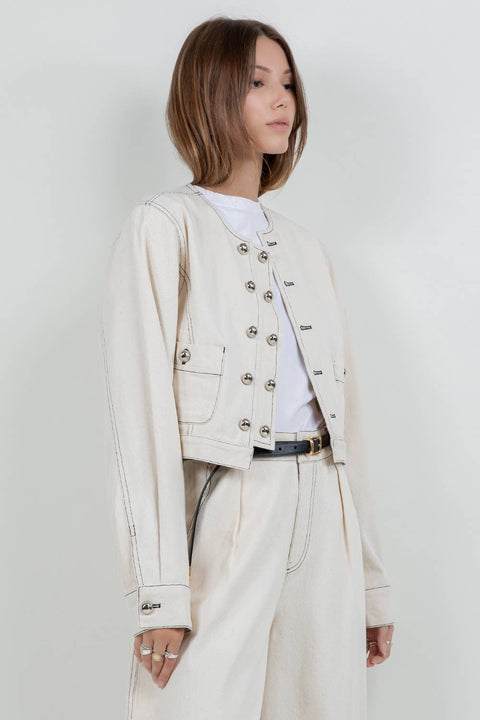COTTON WASHED CROPPED JACKET WITH ACCENT BUTTONS - OATMEAL
