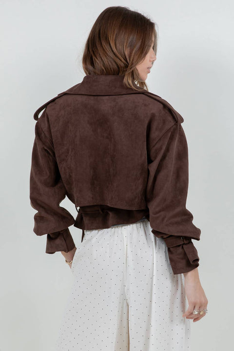 SUEDE MOTO JACKET WITH ADJUSTABLE SELF BELT: DK BROWN