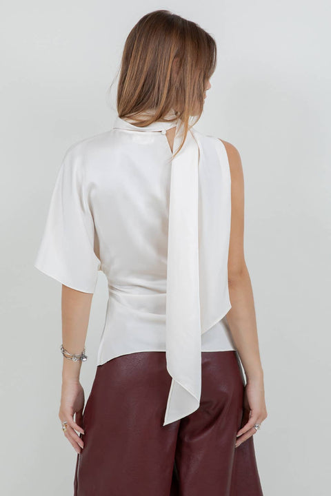ONE SHOULDER ASYMMETRICAL TOP WITH SELF SCARF - CREAM: CREAM
