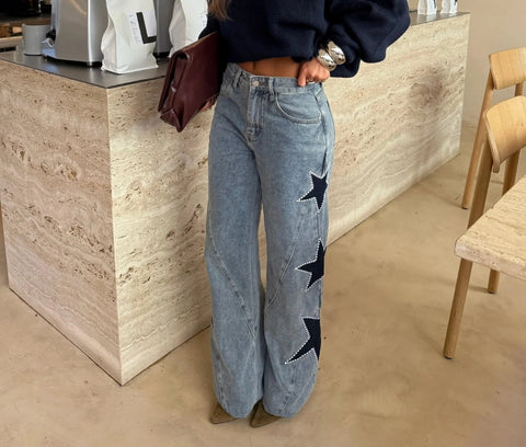 Star Printed Denim Blue