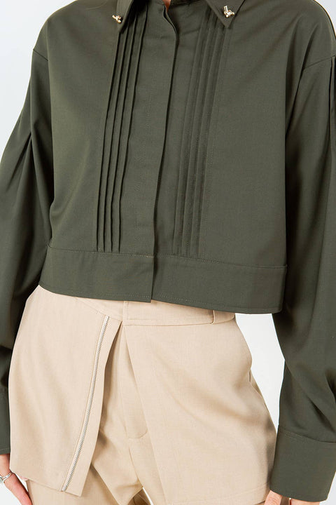 JEWELED COLLAR WITH PINTUCK DETAILS WOVEN SHIRT : Olive / S
