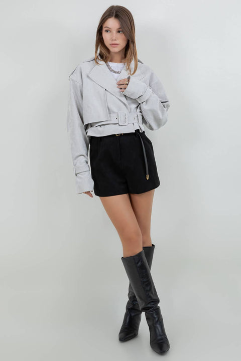 SUEDE MOTO JACKET WITH ADJUSTABLE SELF BELT: DK BROWN