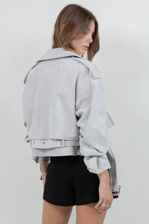 SUEDE MOTO JACKET WITH ADJUSTABLE SELF BELT: DK BROWN