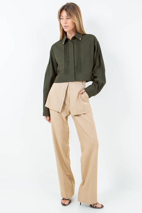 JEWELED COLLAR WITH PINTUCK DETAILS WOVEN SHIRT : Olive / S