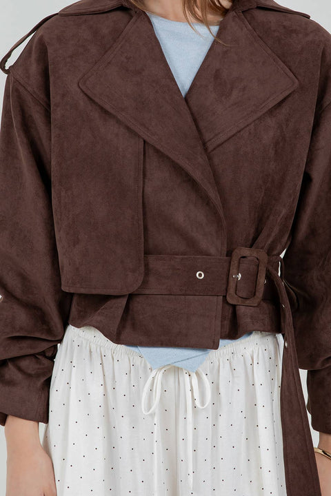 SUEDE MOTO JACKET WITH ADJUSTABLE SELF BELT: DK BROWN