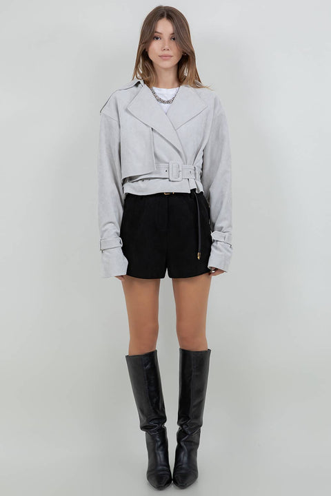 SUEDE MOTO JACKET WITH ADJUSTABLE SELF BELT: DK BROWN