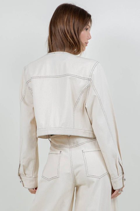 COTTON WASHED CROPPED JACKET WITH ACCENT BUTTONS - OATMEAL