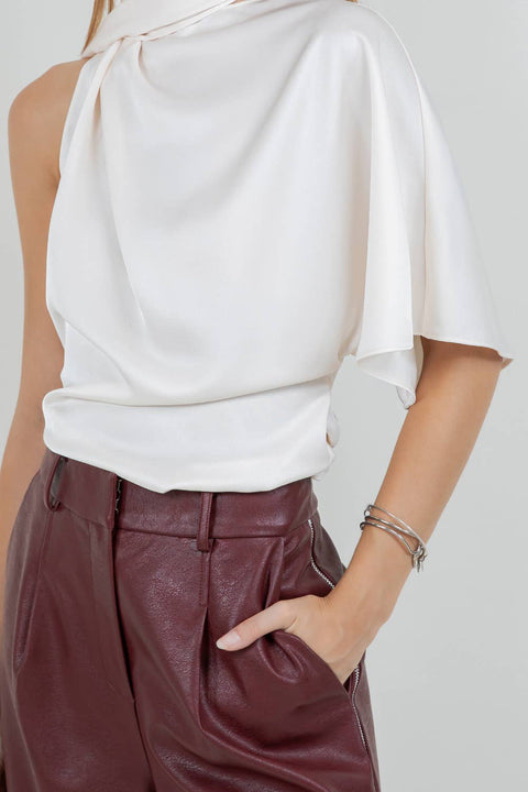 ONE SHOULDER ASYMMETRICAL TOP WITH SELF SCARF - CREAM: CREAM